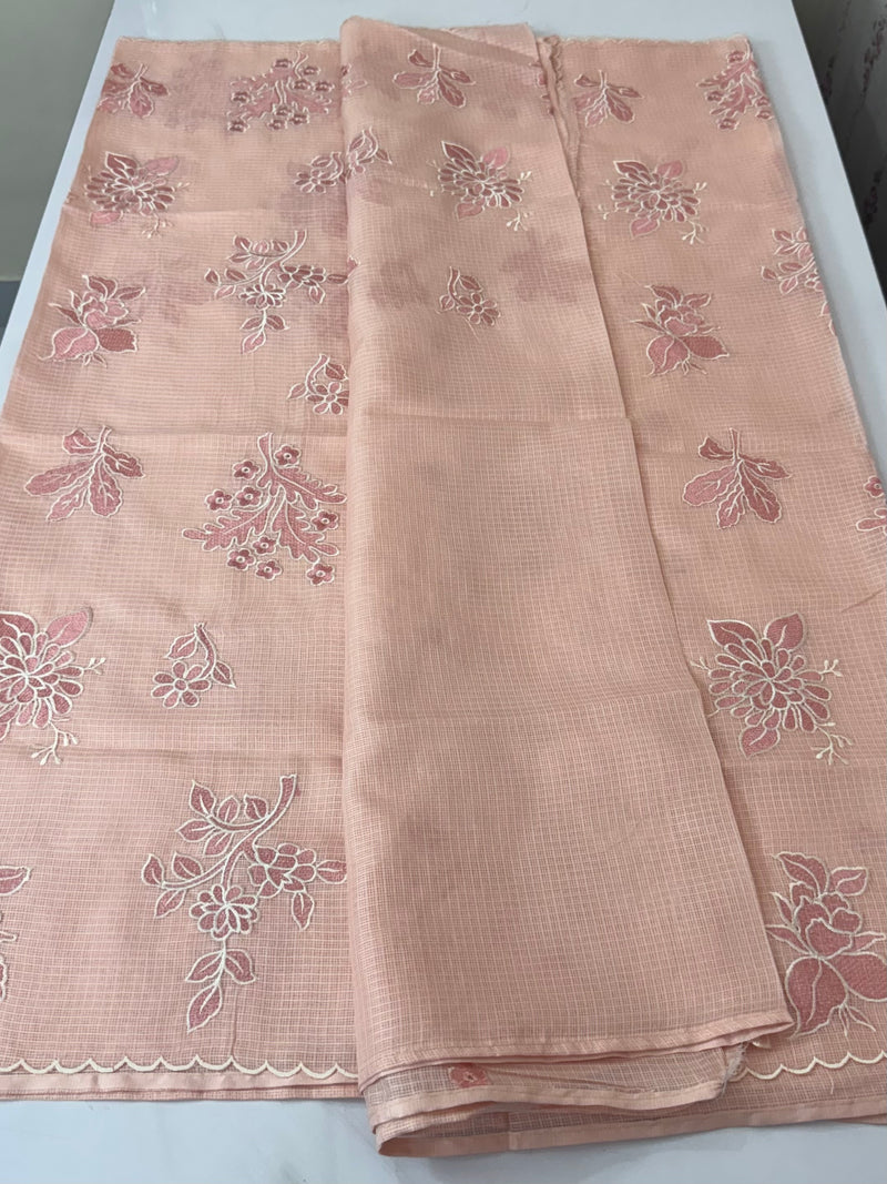 Soft kota silk saree with applique embroidery and scalloped border MS15232- PastelPeach