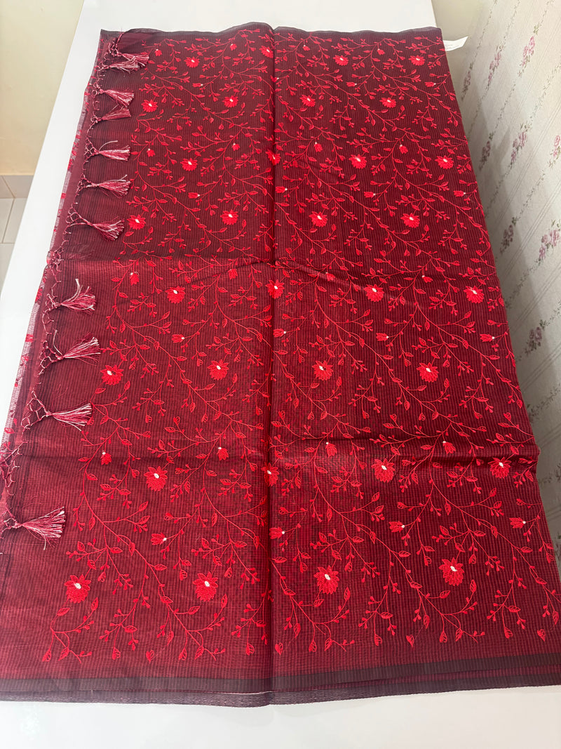 Kota silk cotton saree with applique work MS81788 - MaroonRed
