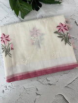 Lightweight Supernet saree with cross stitch embroidery MS142- White to Pink