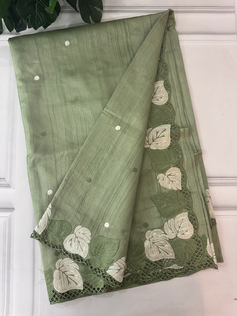 Embroidered Crepe blended tussar silk saree MS14473 DuskyGreen