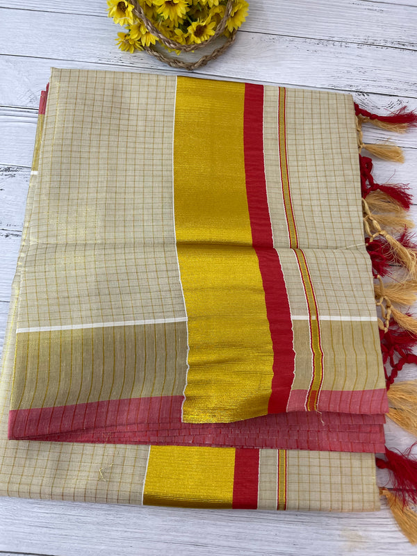 Kerala tissue saree - Gold checks