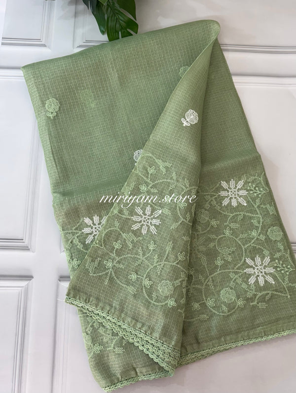 Soft kota checks saree with embroidery MSKC344 LightGreen