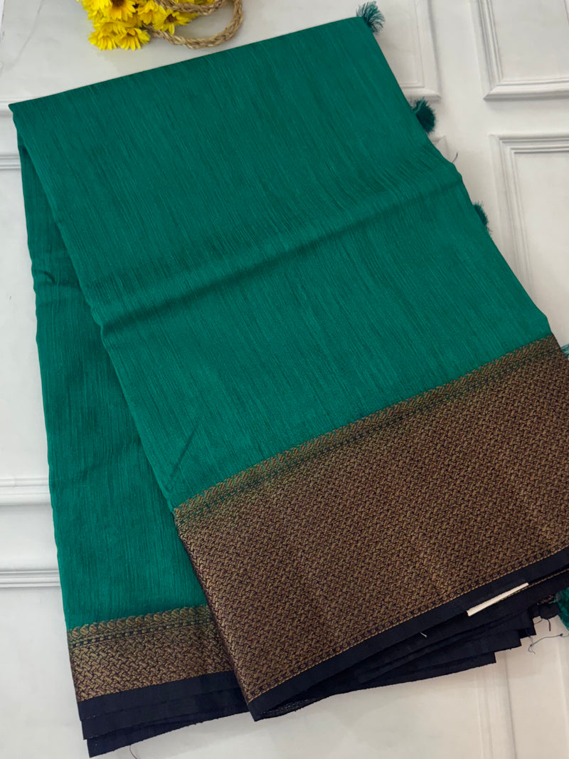 Jute silk sarees with contrast pallu & blouse MJL324 Teal to darkblue