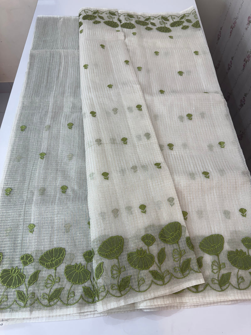 Tissue silk saree with zari checks and applique work  MSH105- Offwhite to Green
