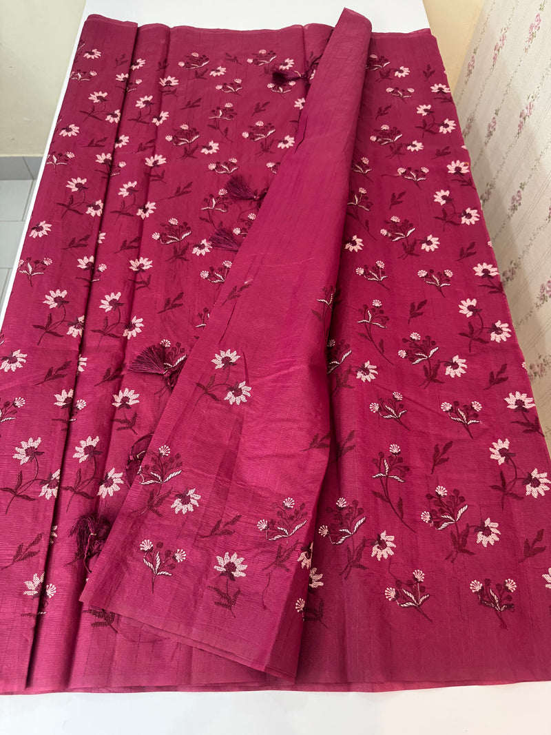 Crushed Blended tussar silk saree with embroidery- MSB7654 Cranberry