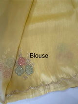 Handworked Premium Glass tissue flowy organza saree applique work MCH221 - Yellow
