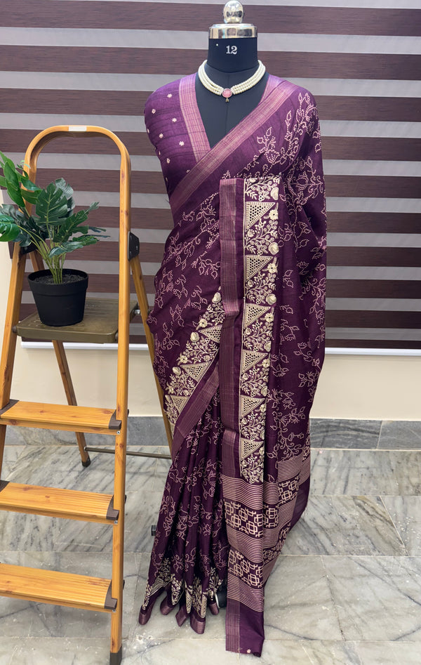 Blended Bandhani tussar silk saree with cutwork MTBF314 Purple