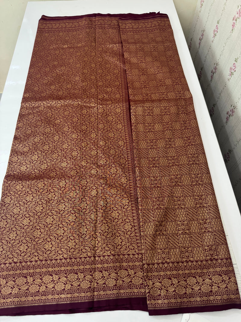 Semi katan Banarasi saree in antique zari weaving - MSKB899 Wine