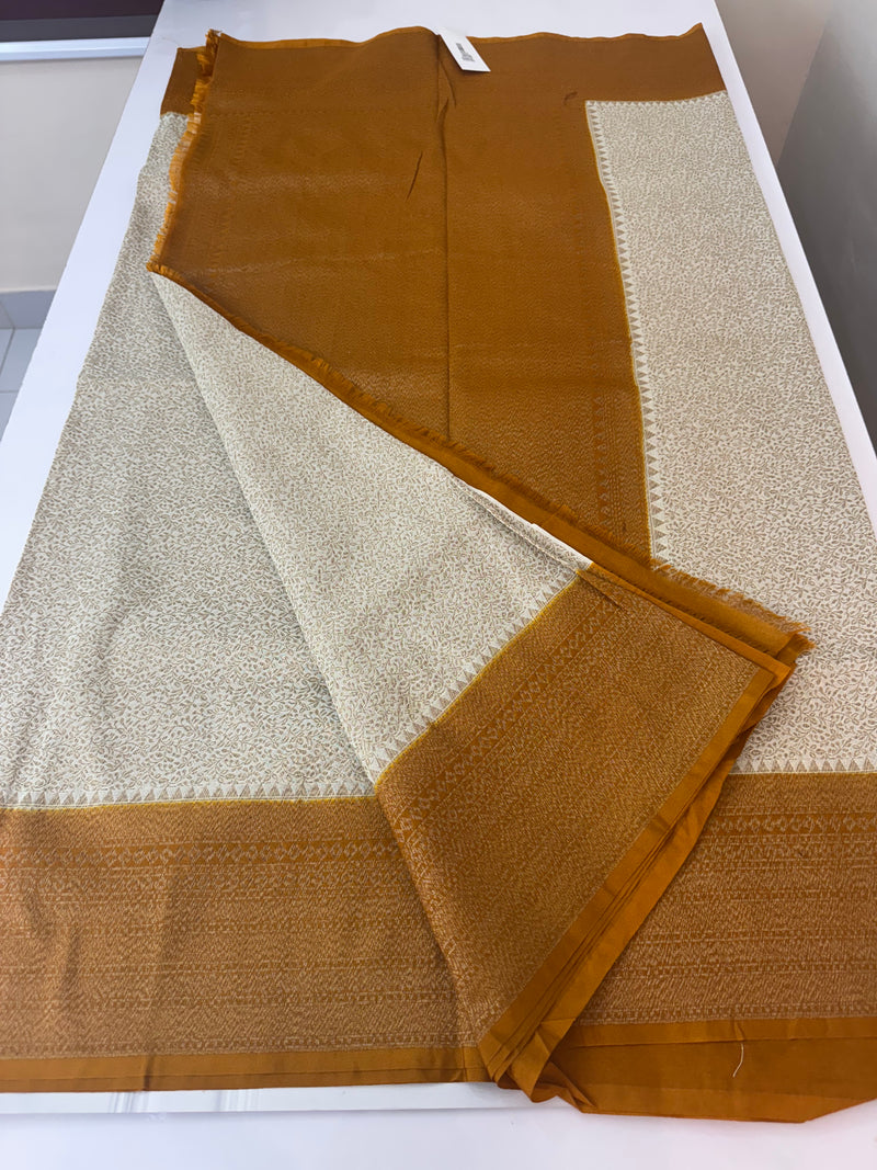 Semi katan Banarasi saree with antique zari weaving MSKZ250 Offwhite & Mustard