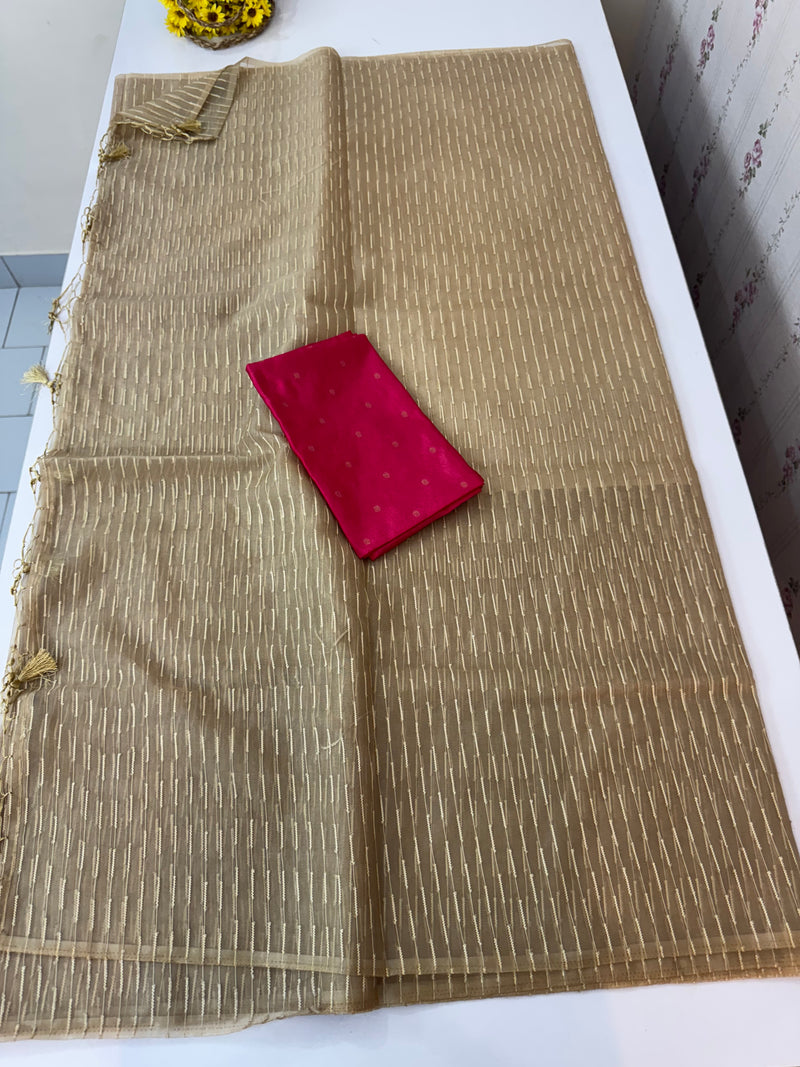 Semi organza thread work saree with soft silk blouse MOS9543 -Beige to Pink
