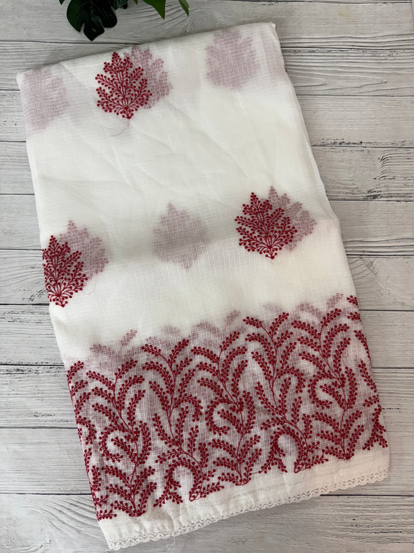 Soft kota checks saree with embroidery - SVTS38 white & red