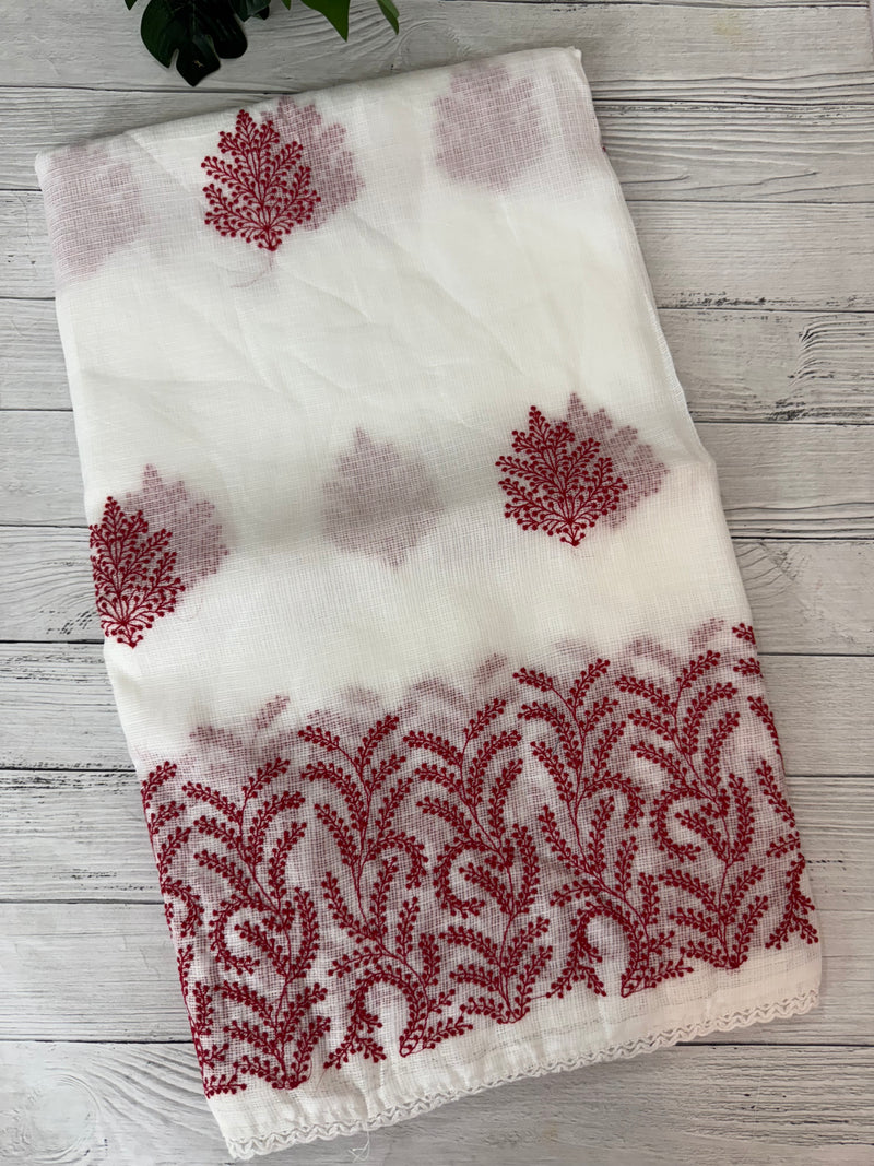 Soft kota checks saree with embroidery - SVTS38 white & red