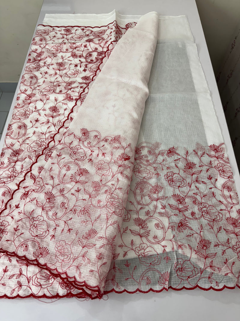 Soft kota checks saree with embroidery - SVWISS white & red