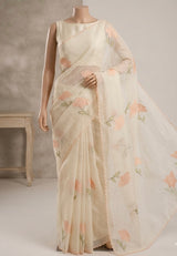 Moonga checks saree with applique work MS81789 - White to Peach