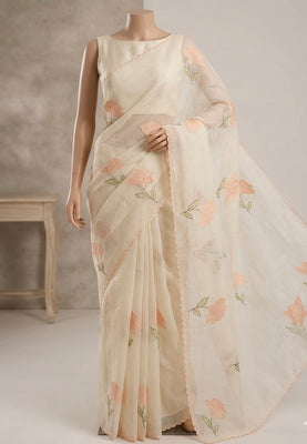 Moonga checks saree with applique work MS81789 - White to Peach