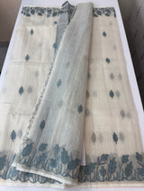 Tissue silk saree with zari checks and applique work  MSH105- Offwhite to Grey