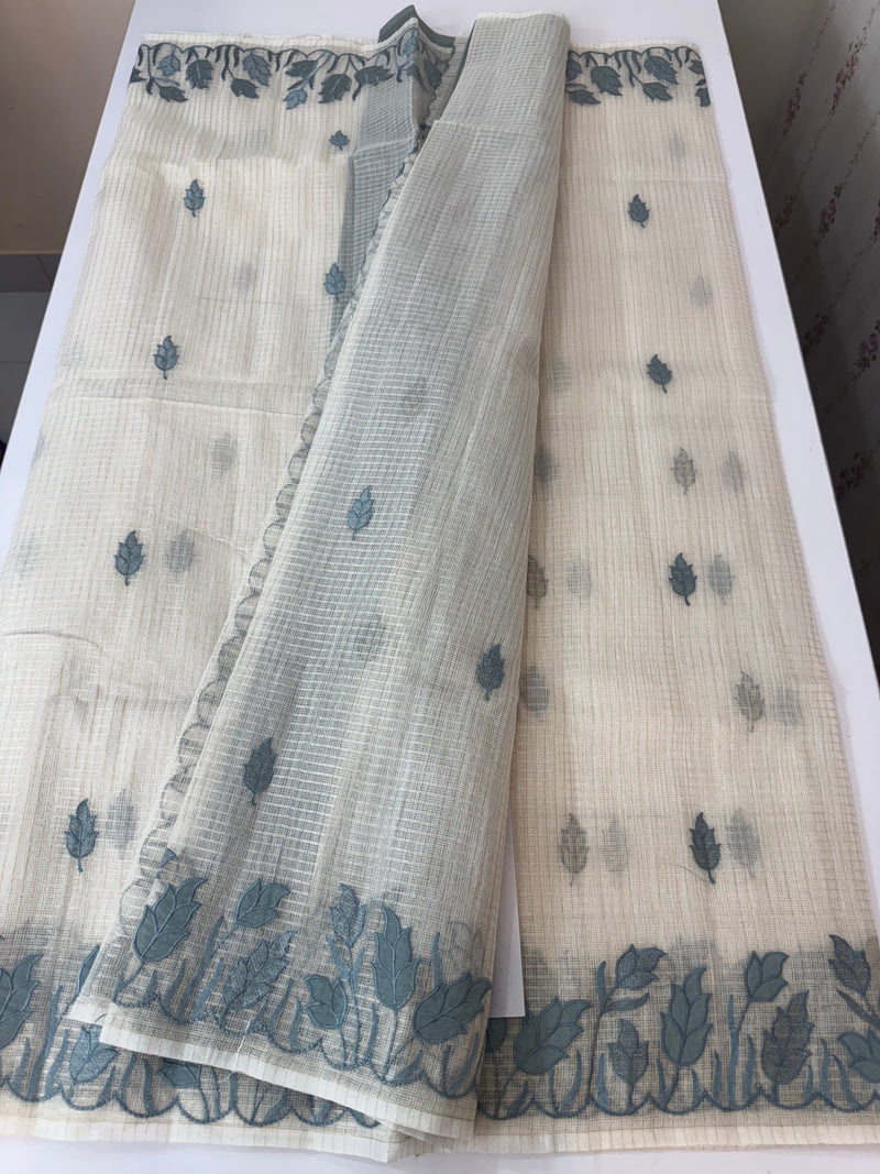 Tissue silk saree with zari checks and applique work  MSH105- Offwhite to Grey