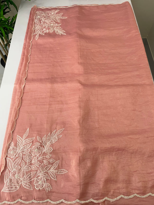 Designer Embroidery Organza Saree with applique work FCAD121 pastel peach