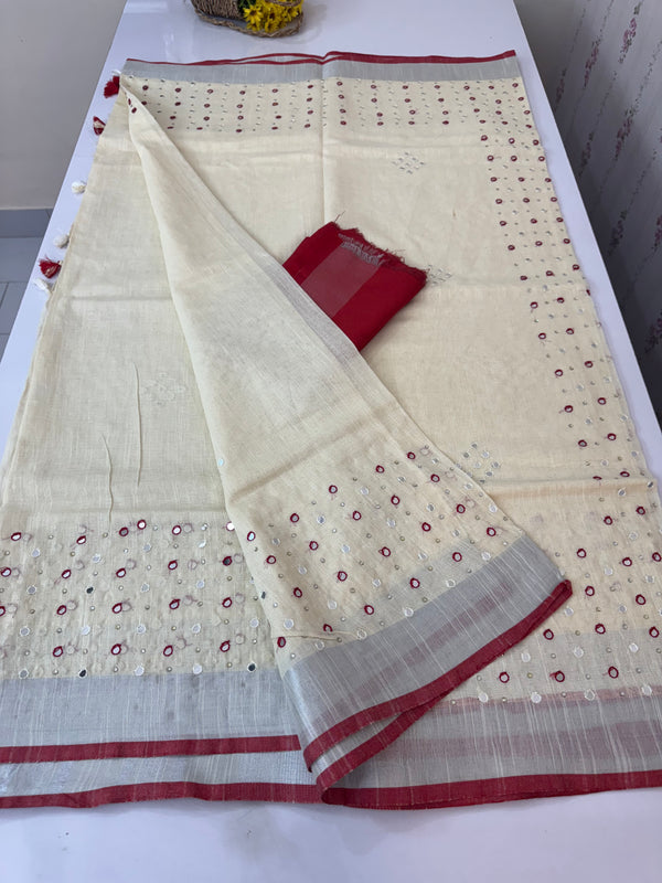 Linen saree with zari border and mirror work MLS7869