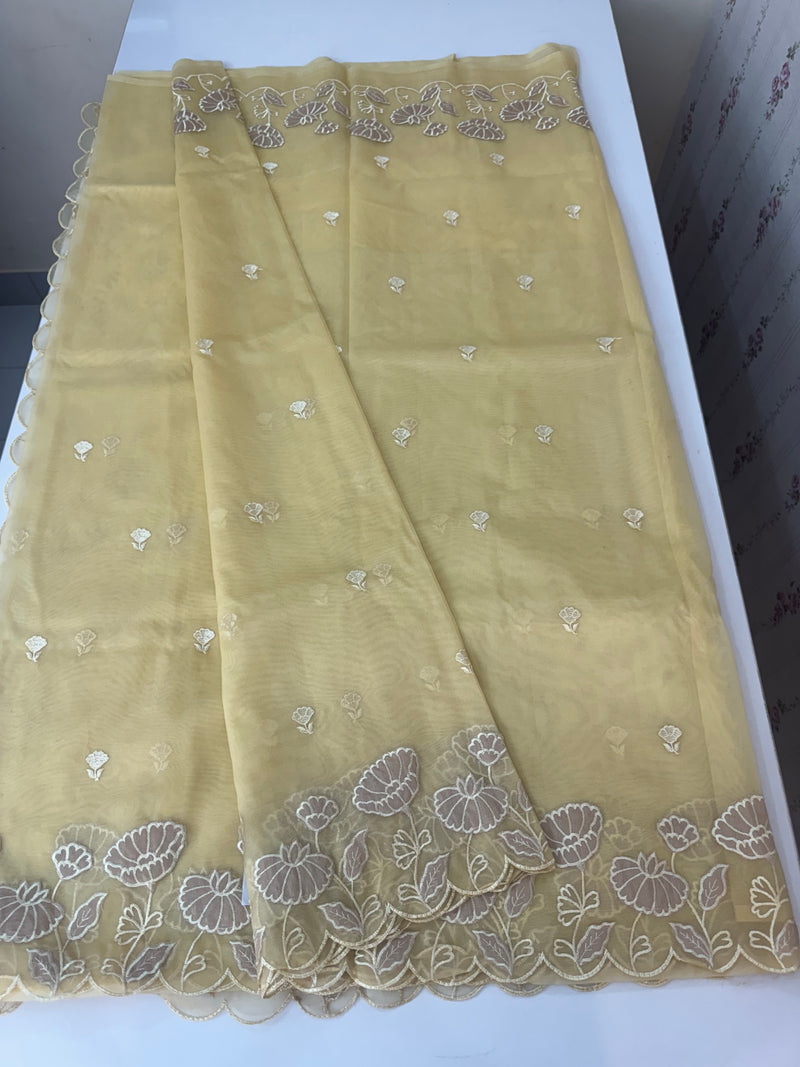 Viscose Organza saree with applique work-MSH103 CreamyYellow