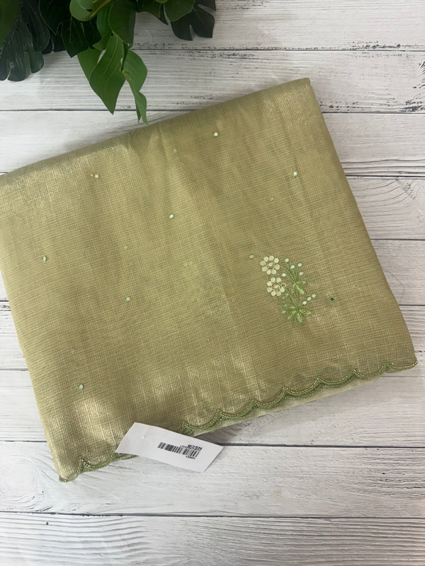 Tissue silk saree with foil work and cutdana scalloped border 
MTSS432- LightGreen