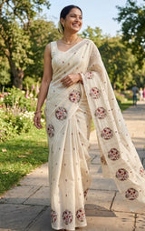 Silky kota embroidery saree with One side border MSK876 - Beige