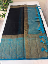 Jute silk sarees with contrast pallu & blouse MJL3412 - Black to CobaltBlue