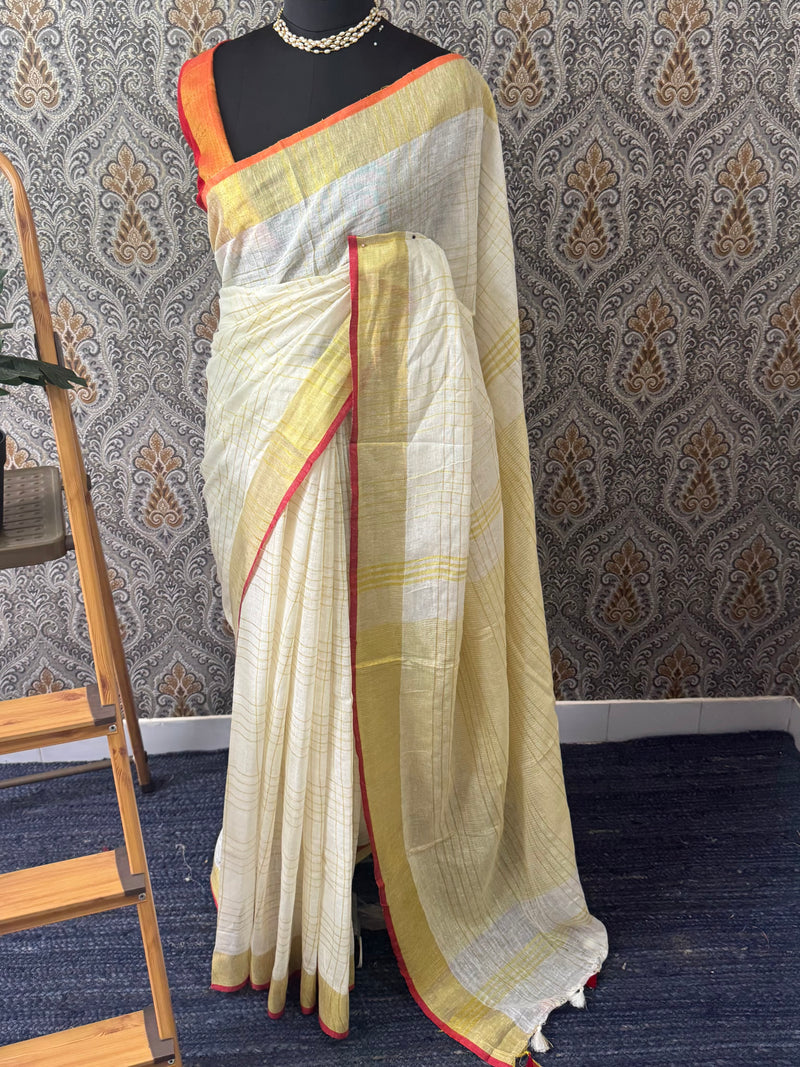Linen saree with gold zari checks MLS9766- (red and orange borders)