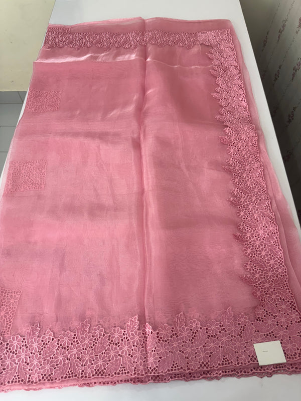 Cutwork Kora Organza saree with full cutwork blouse-  MS14154 Pink