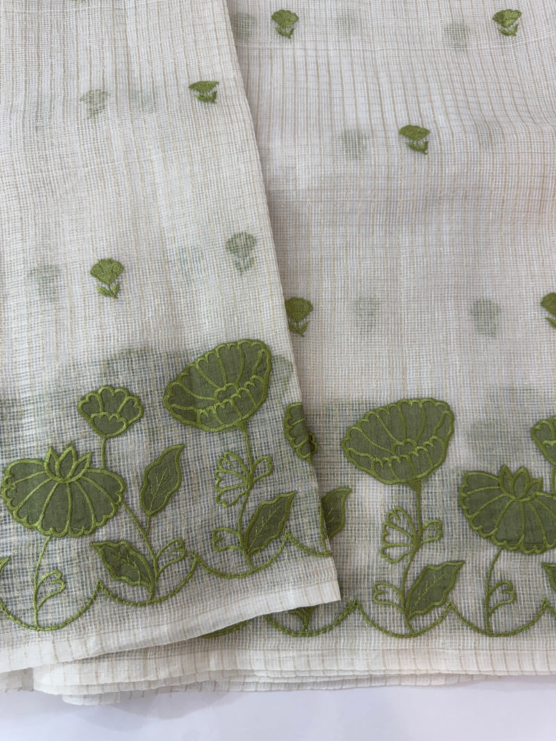 Tissue silk saree with zari checks and applique work  MSH105- Offwhite to Green