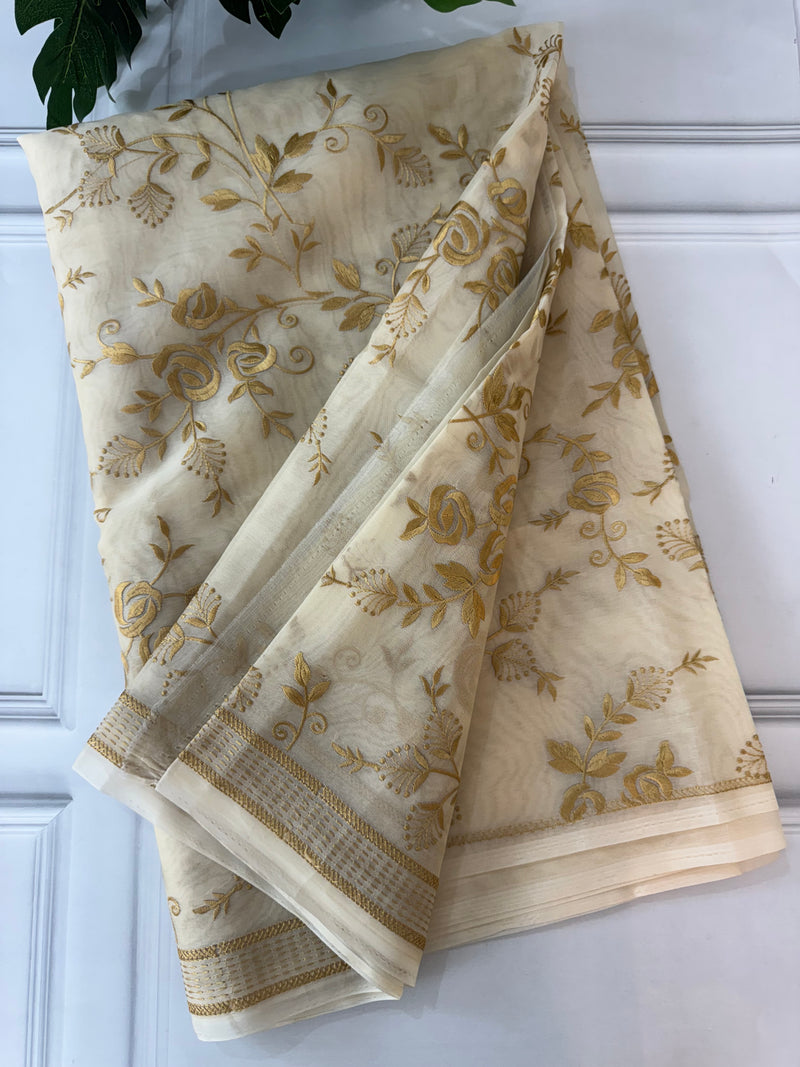 Banarasi kora oraganza saree with embroidery  MKOS326 Cream