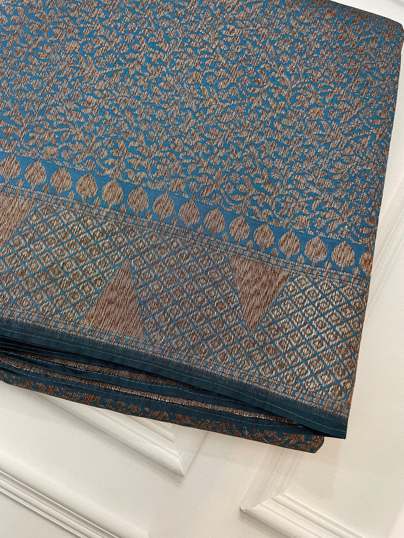 Semi katan Banarasi saree in antique zari weaving - MSKB130 TealBlue