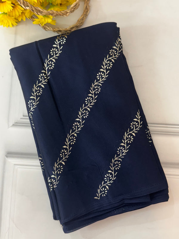 Georgette saree with foil prints MS1212- NavyBlue