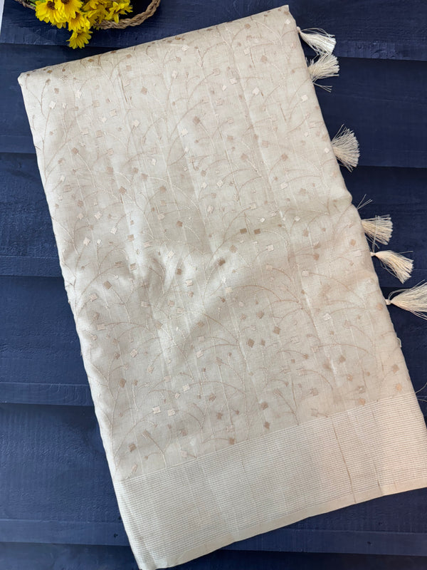 Blended tussar saree with embriodery - MS8665 Cream
