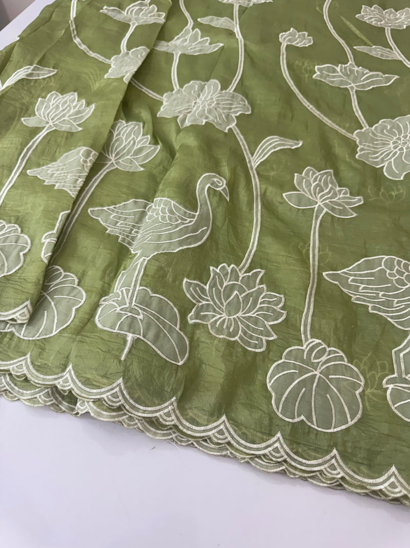 Crush Organza Applique work saree MS14987- Green