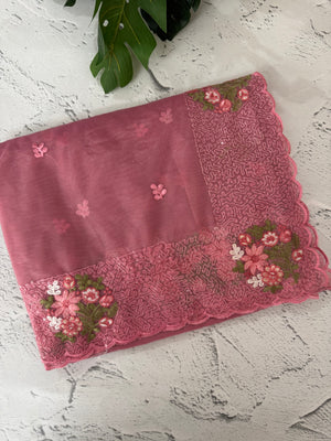 Glass tissue organza saree with embroidery MSF125 Pink