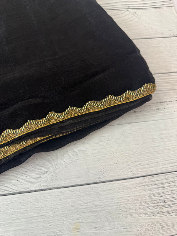 Plain Shimmery crush silk saree with handworked lace border MS99321- Black
