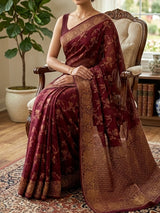 Banarasi Tussar Georgette Saree  - MS44376 DeepMaroon