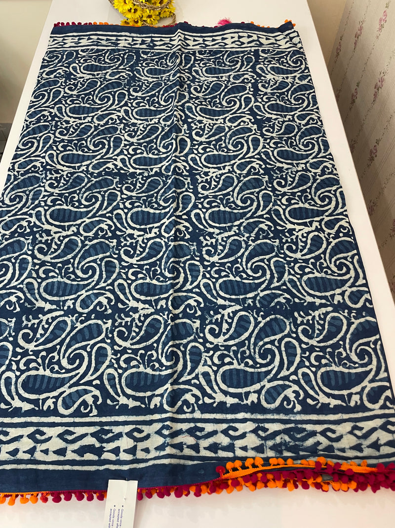 Pure mul cotton hand block printed saree SKSRMY