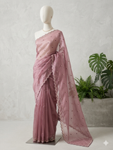 Glassy tissue organza saree with embroidery FKF121- Onion Pink