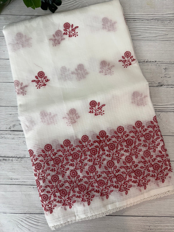 Soft kota checks saree with embroidery - SVTS38 white & red