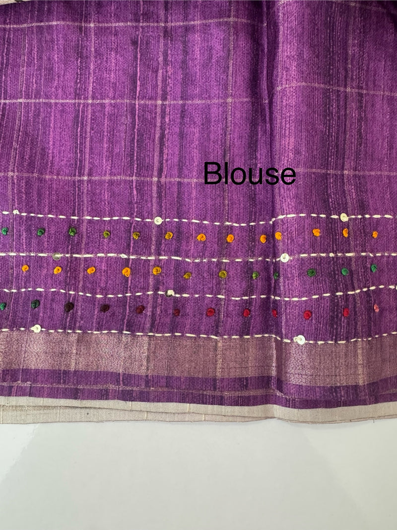 Blended tussar silk saree with french knots, sequence and kanta work - MS14855