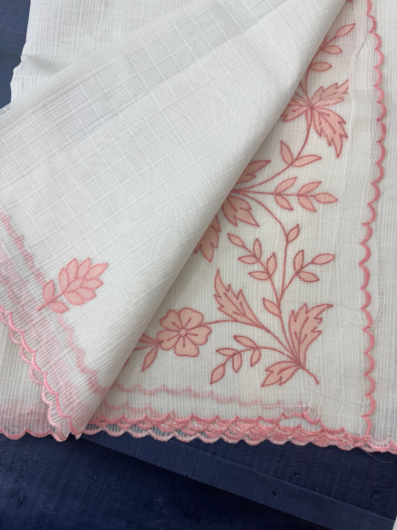 Kota silk saree with applique work SJCV82- Offwhite & Peach