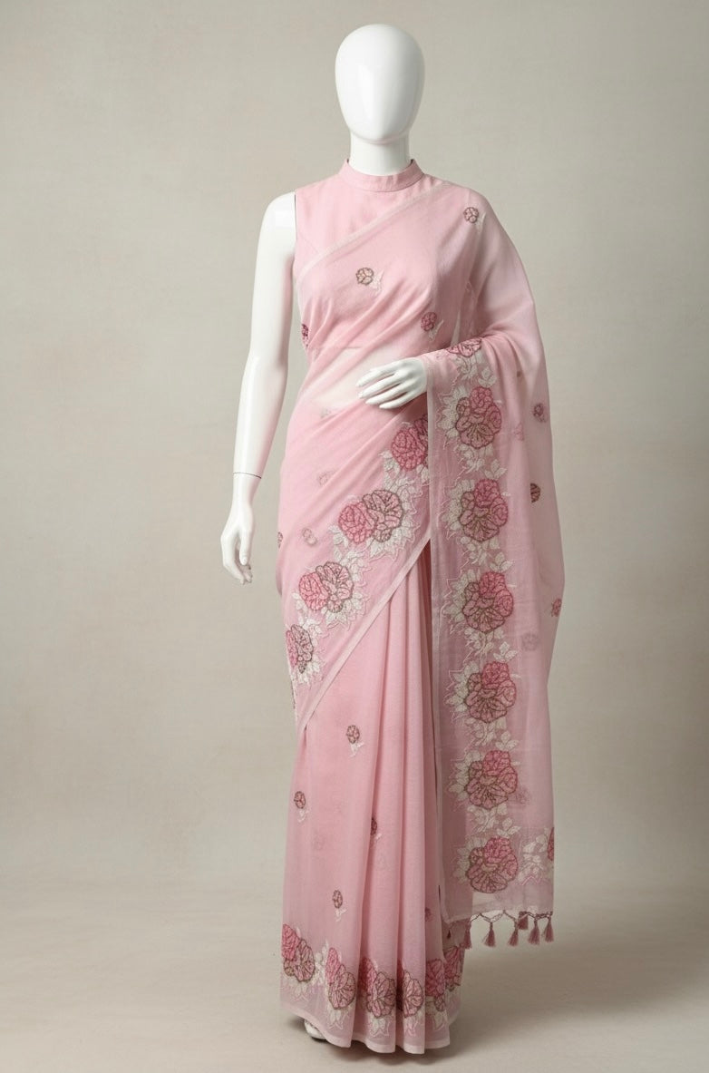 Supernet saree with cross stitch embroidery MSH116- Pink