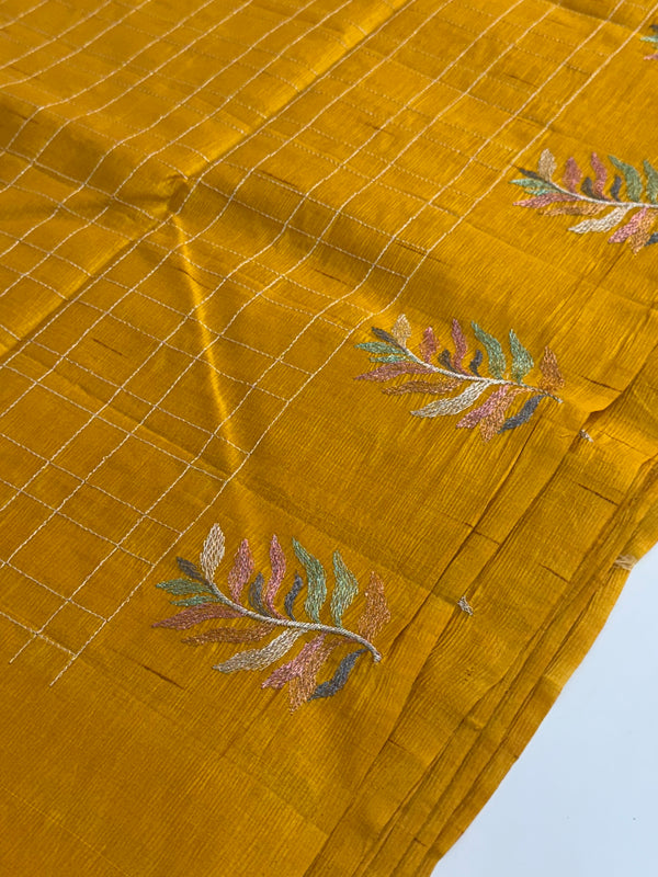 Crushed Blended tussar silk saree with embroidery- SNFCYEY - DarkMustard