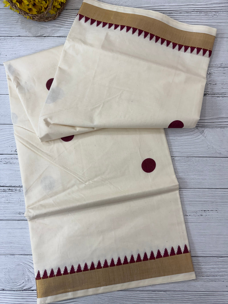 Kerala cotton saree- Maroon PolkaDots