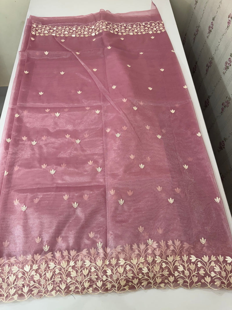 Glassy tissue organza saree with embroidery FKSF88- Pink 2