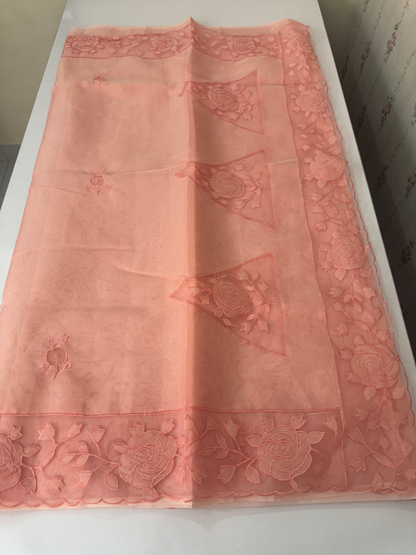 Viscose Organza saree with applique work-MSH101 Peach