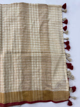 Linen checks saree with zari border MLS9766- Cream & Red