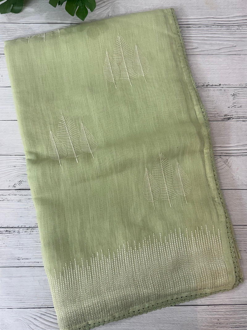 Semi linen saree with embroidery- MS15088 Pastel PistaGreen